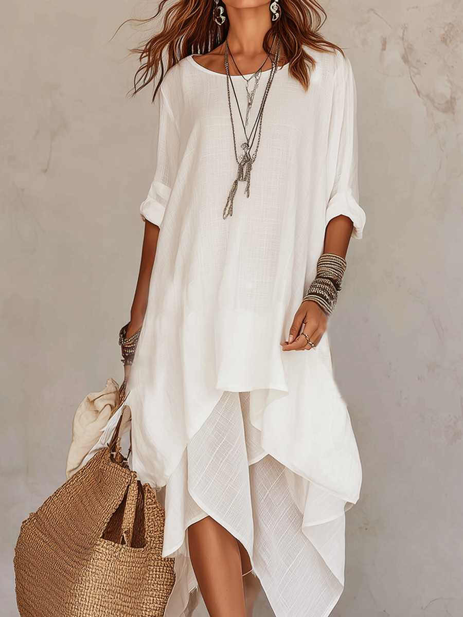 Ivory Layered Asymmetrical Bohemian Style Natural Linen Dress