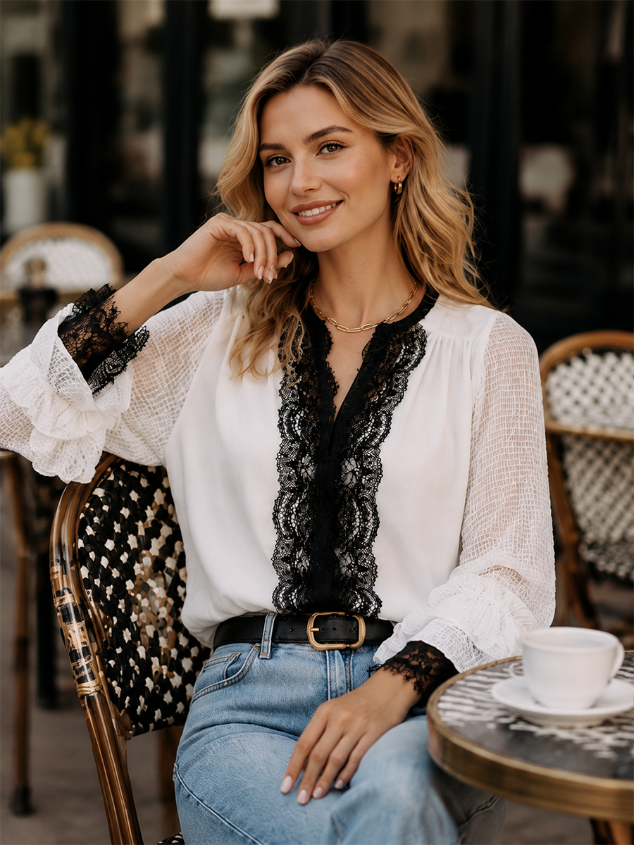 Boho Luxe Sheer Mesh Sleeve Ruffle Cuff Top