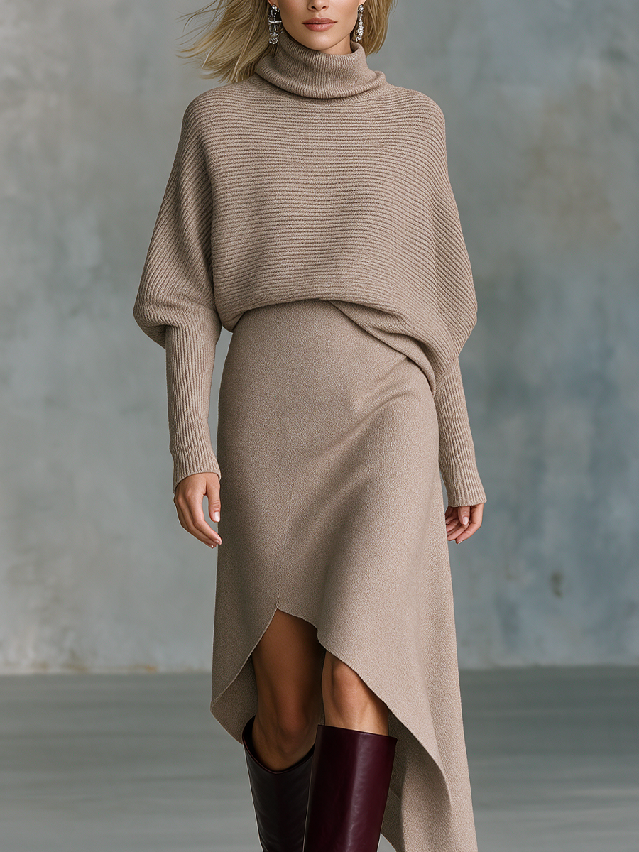 Turtleneck Batwing Sleeve Sweater & Asymmetric Hem Skirt Knit Two-Piece Set