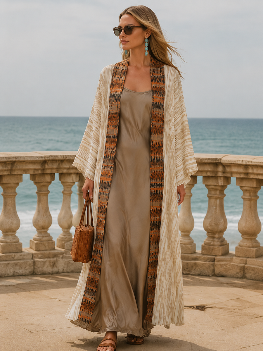 Boho Printed Kimono Cardigan with Satin Slip Maxi Dress Set