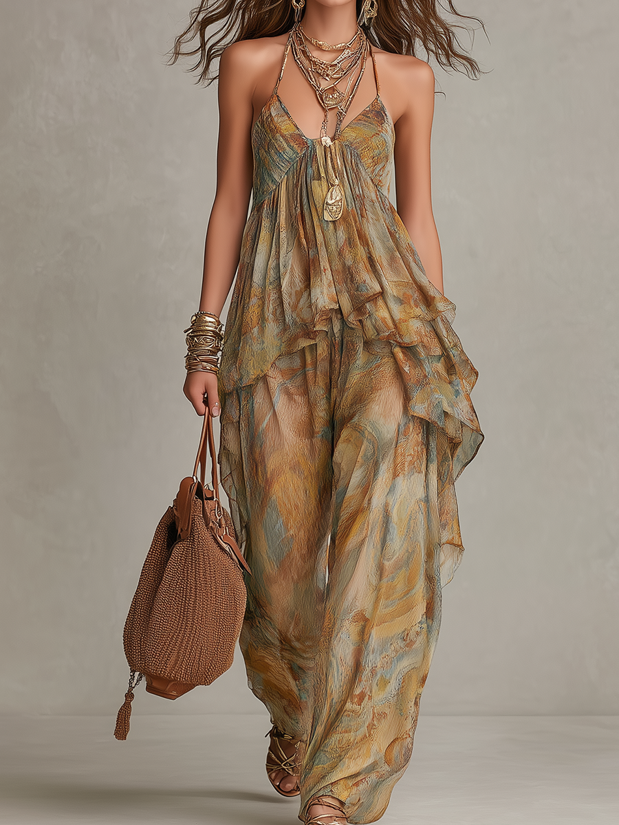 Bohemian Print Chiffon Ruffled Camisole Top And Wide Leg Pants