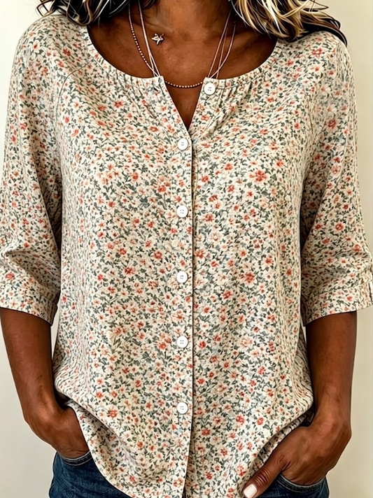 Women's Ditsy Floral Button-Front 3/4 Sleeve Blouse