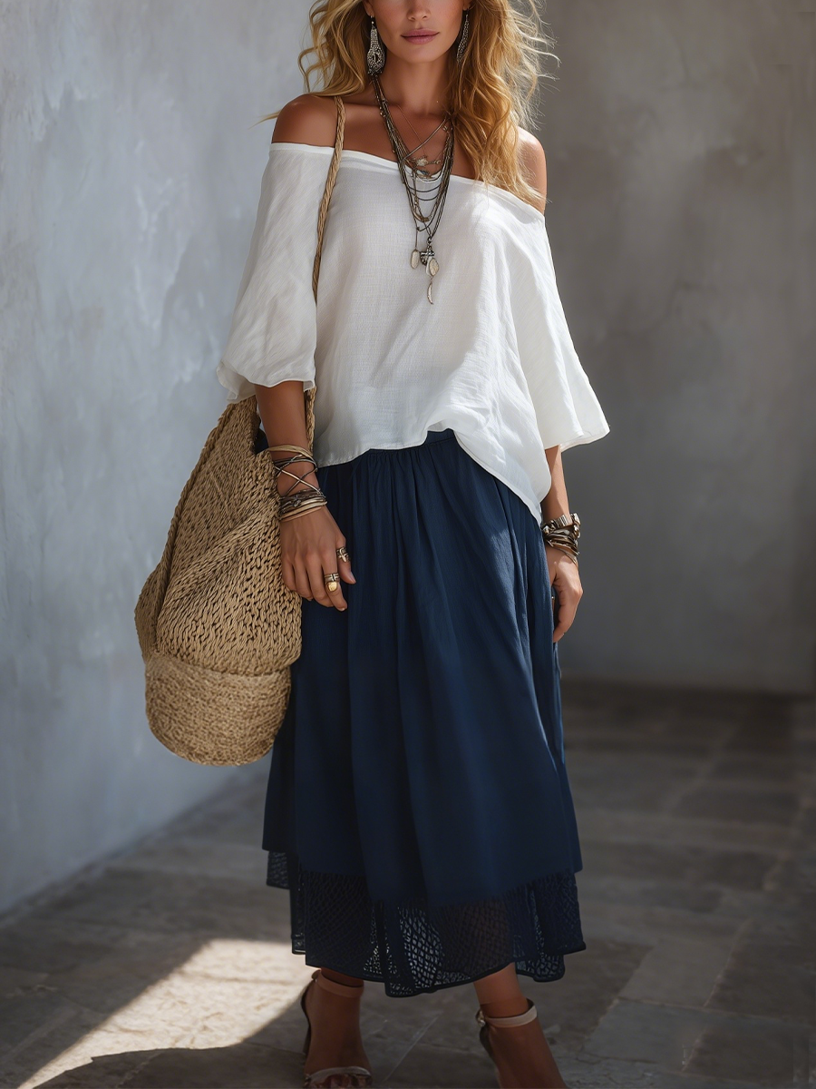 Bohemian-Style White Linen Top And Dark Blue Paneled Skirt Set