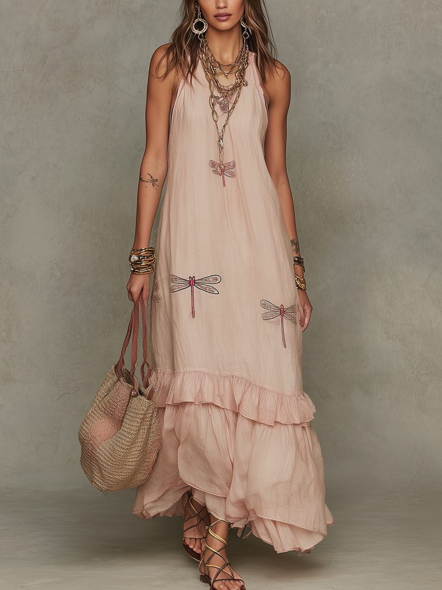 Vintage Dragonfly Embroidered Boho Dress