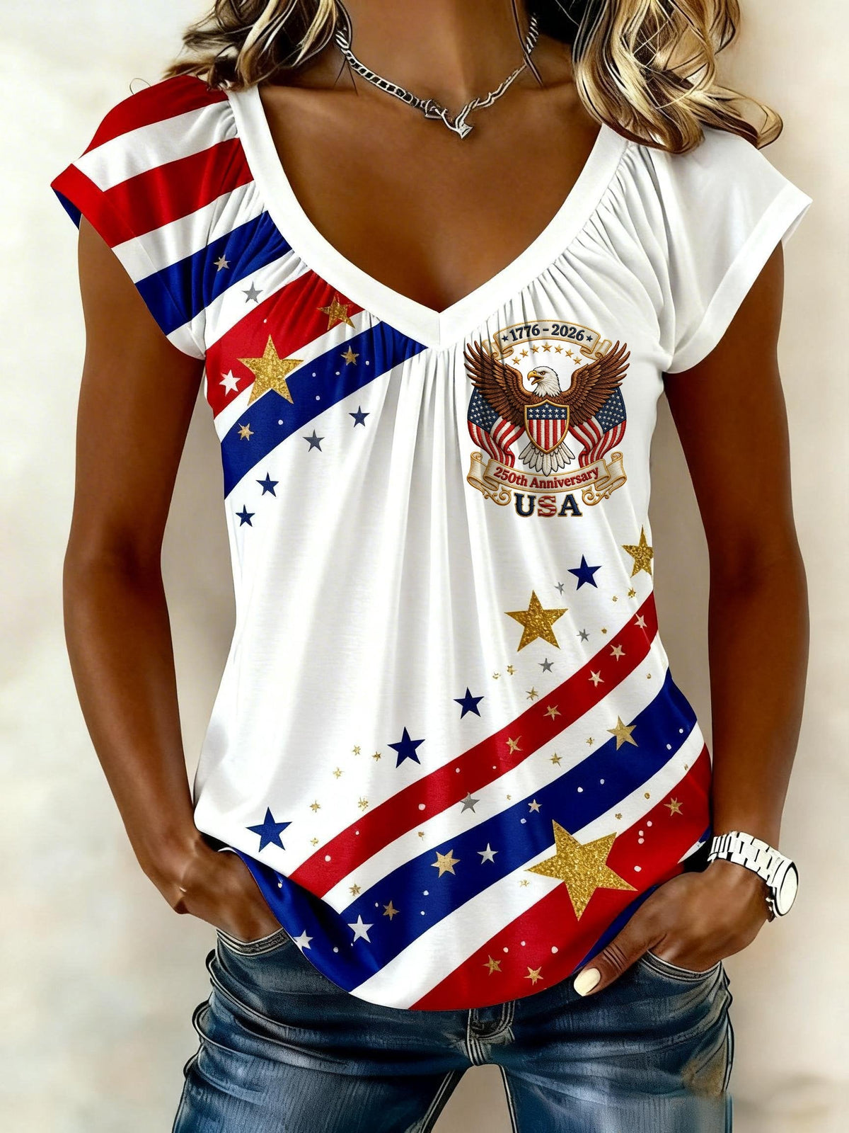 Women's America 250 Patriotic Star Stripe 1776–2026 Celebration Edition Print T-Shirt