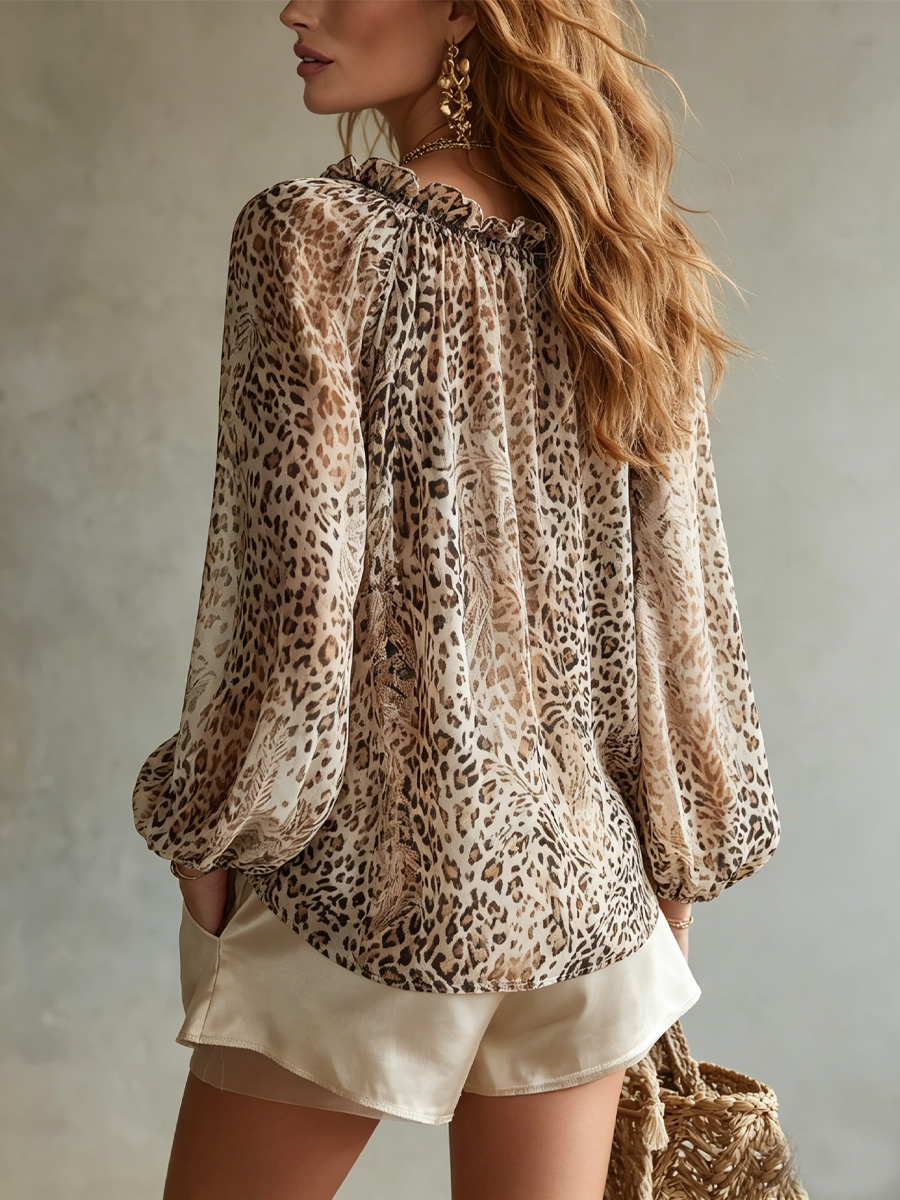 Bohemian Leopard Print Ruffled V-Neck Chiffon Blouse