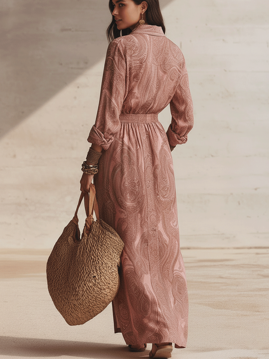 Romantic Bohemian-Style In Soft Pink Cotton Floral Print Maxi Dress