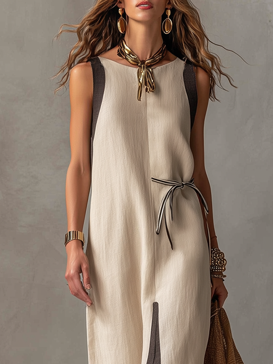 Bohemian Linen Color Blocked Belted Maxi Dress