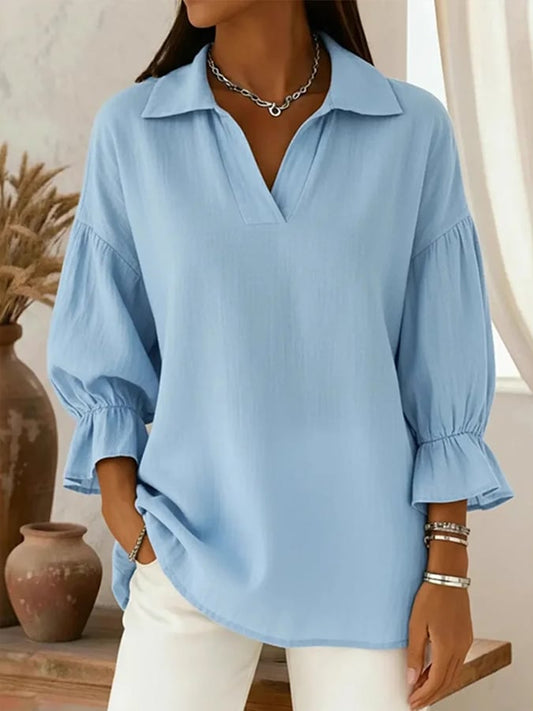 Women's Casual V-neck Solid Color Loose Cotton Linen Shirt