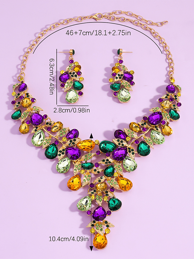Mardi Gras Carnival Necklace And Earrings Set With Three-Color Rhinestones, Party Jewelry Set.