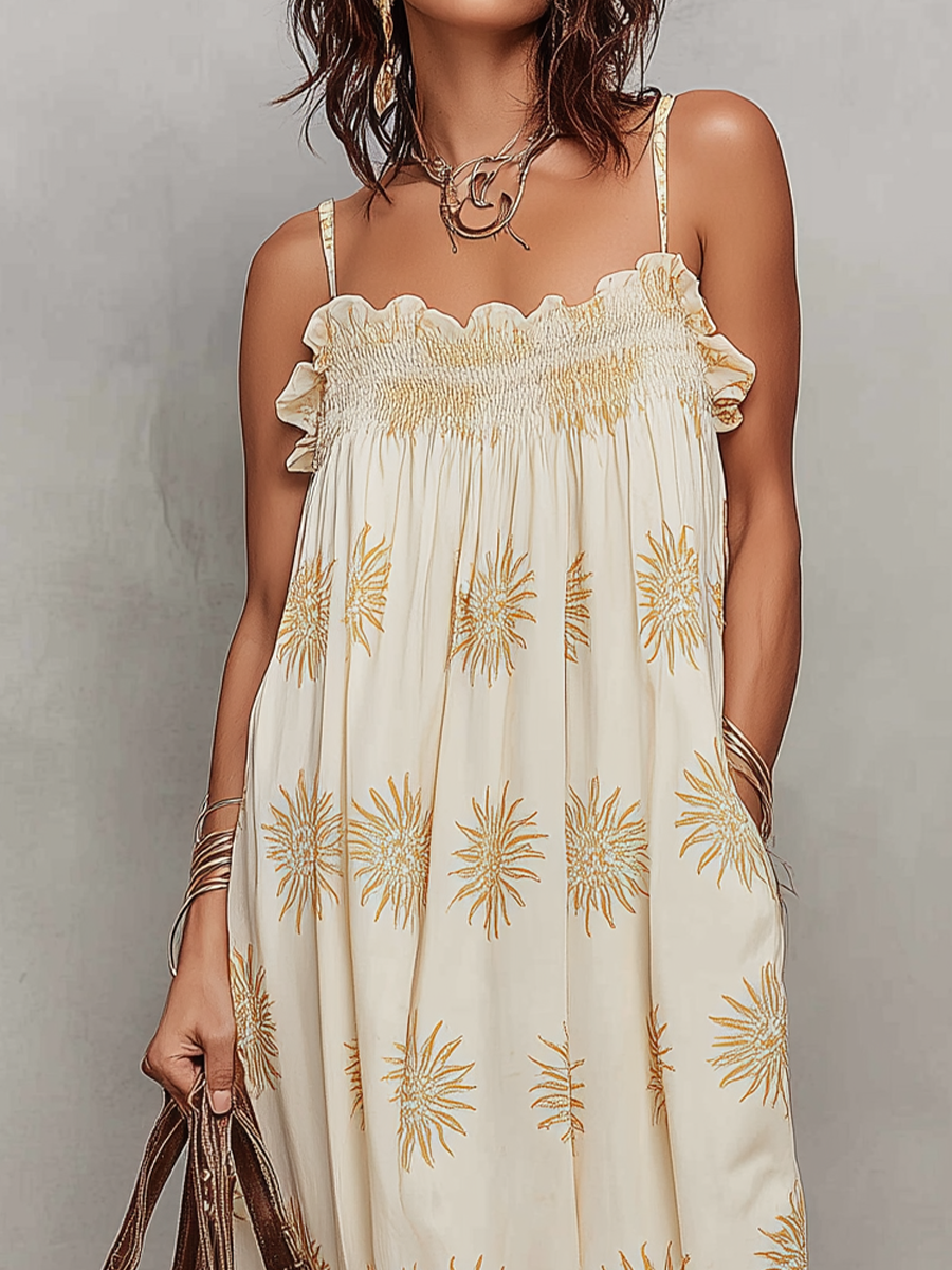 Sunny Sun-Print Smocked Spaghetti Strap Maxi Dress