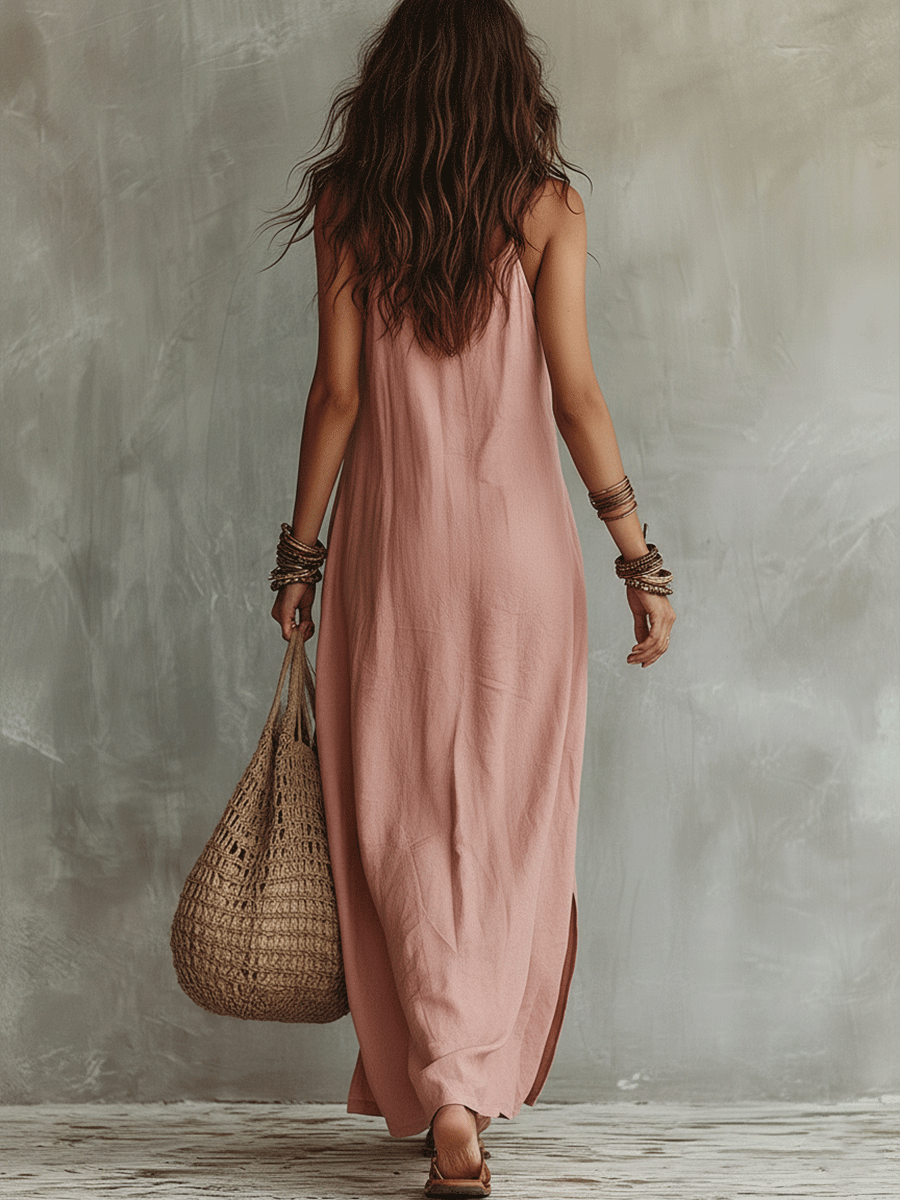 Effortless Bohemian Pink Linen Button Maxi Dress