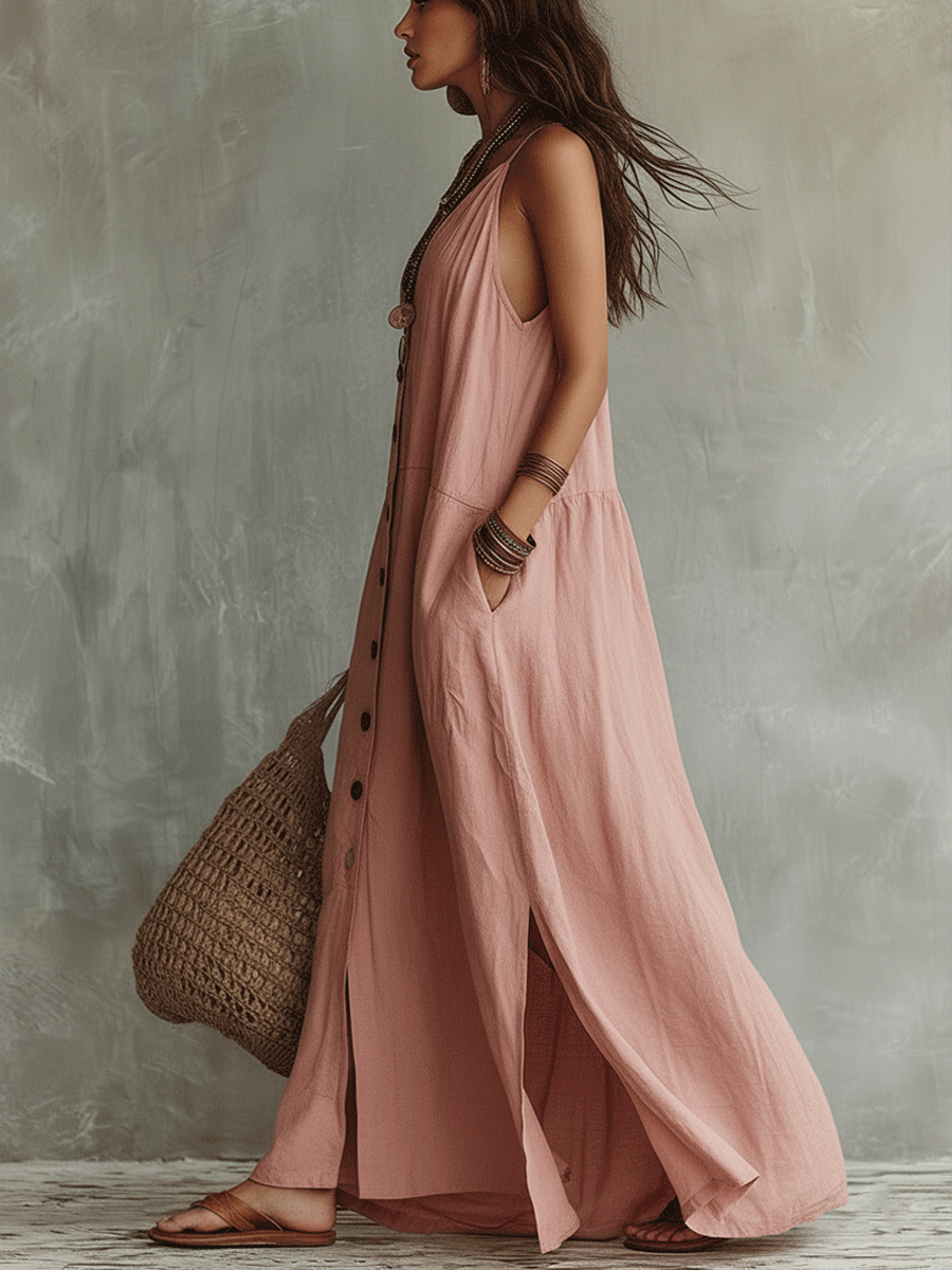 Effortless Bohemian Pink Linen Button Maxi Dress