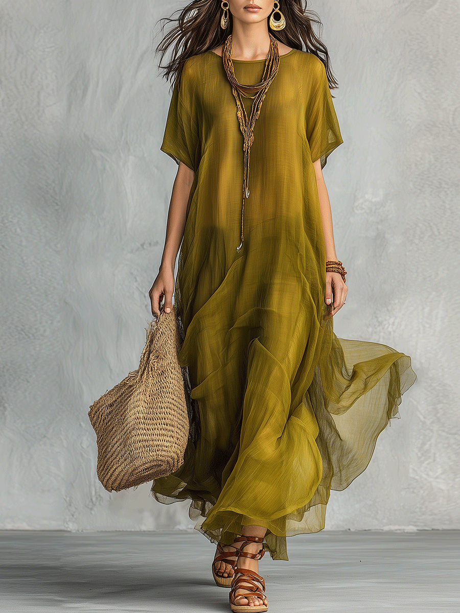 Lowing Olive Green Bohemian Maxi Dress With Draped Silhouette