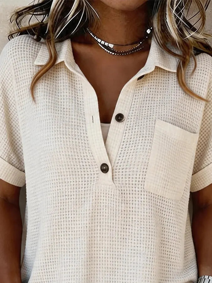 Women's Casual Collared Solid Color Short-Sleeve Shirt