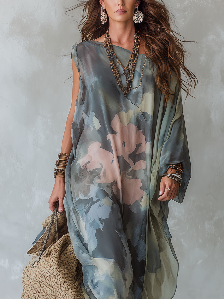 Bohemian Soft Gray Blue Abstract Print Flowing Dress