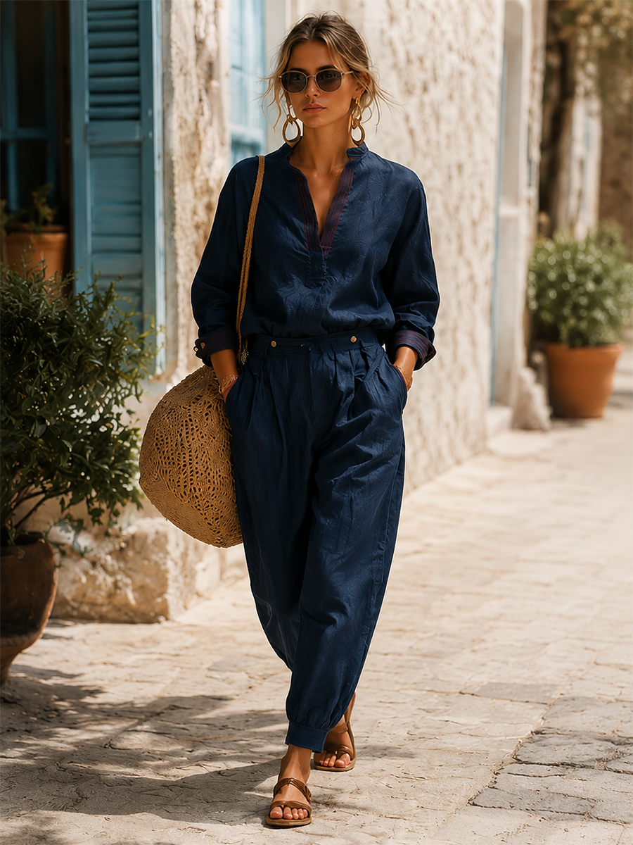 Women's Casual V-Neck Long Sleeve Top and Harem Pants Two-Piece Set
