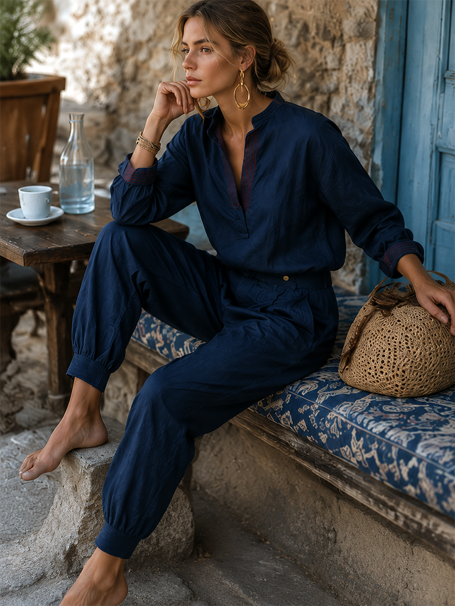 Women's Casual V-Neck Long Sleeve Top and Harem Pants Two-Piece Set