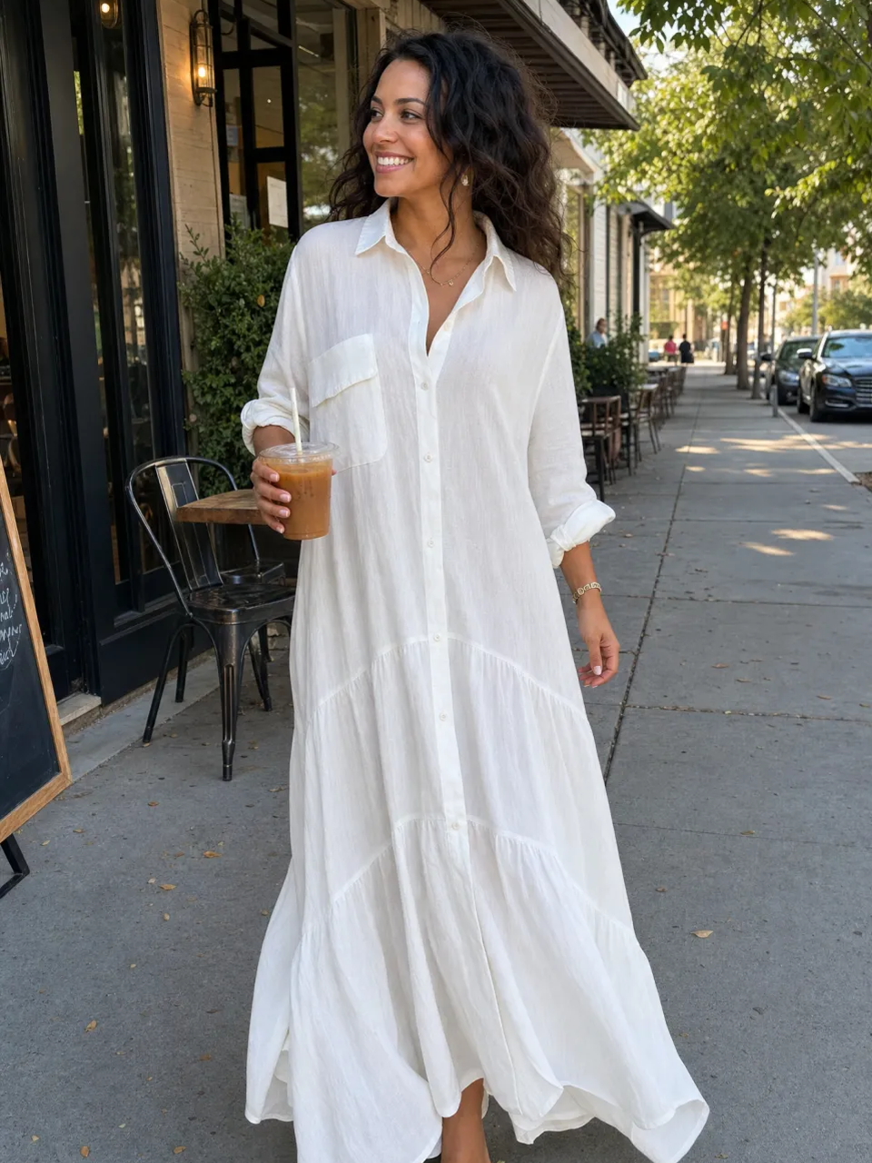 Timeless White Linen Button Front Tiered Maxi Dress