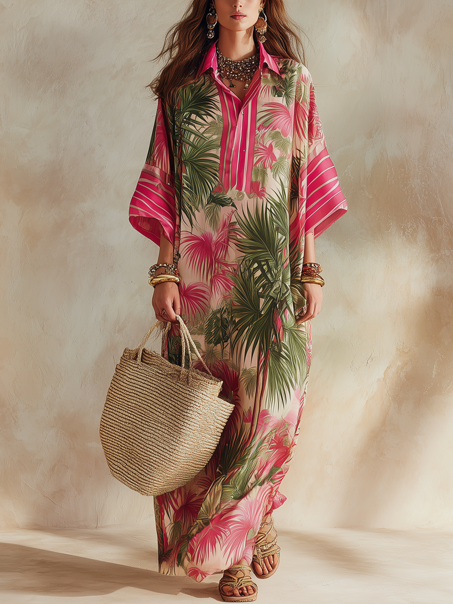 Tropical Pink And Green Floral Print Maxi Dress
