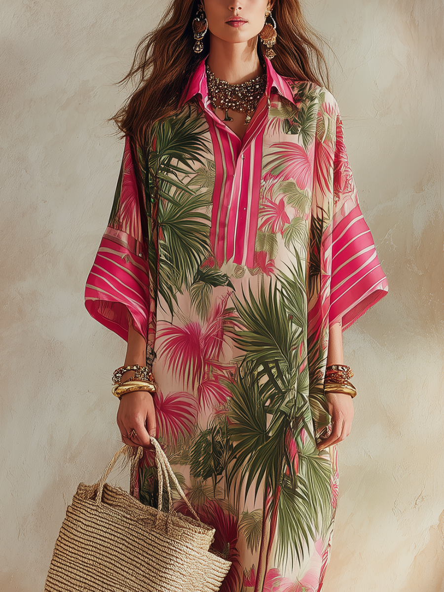 Tropical Pink And Green Floral Print Maxi Dress