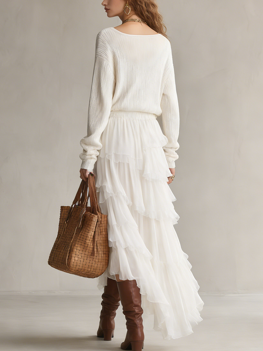 Relaxed Cream V-Neck Ribbed Knit Top & Tiered Chiffon Skirt Co-ord Set