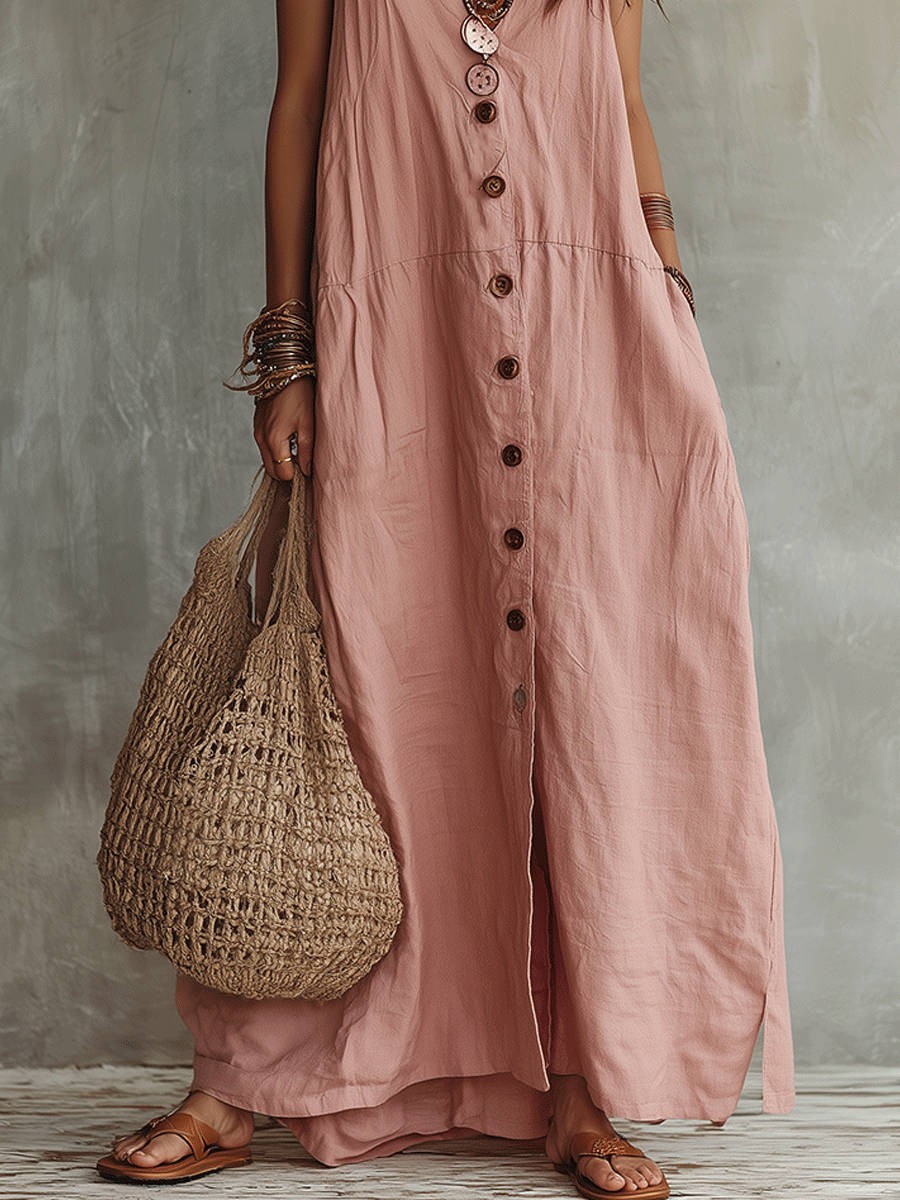 Effortless Bohemian Pink Linen Button Maxi Dress