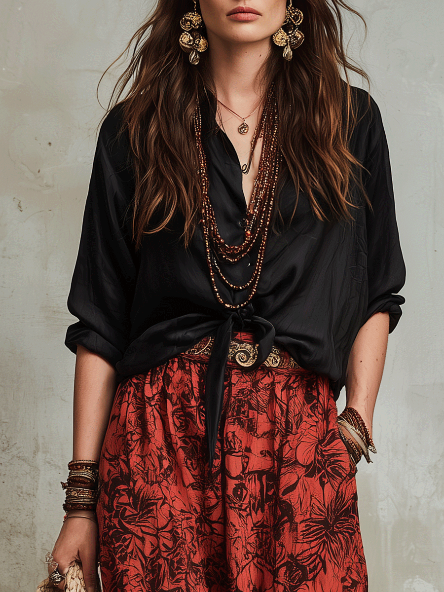 Vintage Boho Red Print Flowing Palazzo Pants And Black Shirt Set