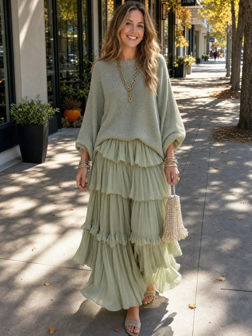 Bohemian Sage Green Sweater And Ruffled Skirt Set