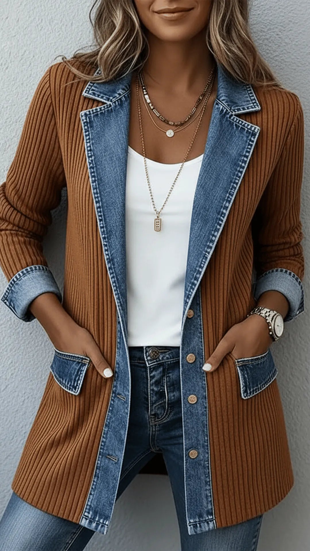 Women'S Casual Denim Contrast Color Stitching Coat