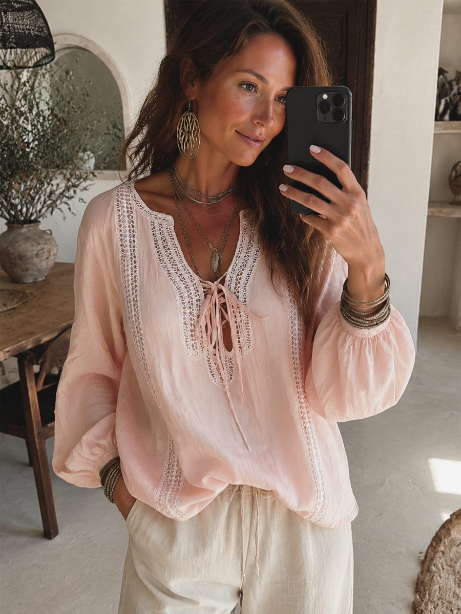 Bohemian Blush Pink Lace Detail Blouse