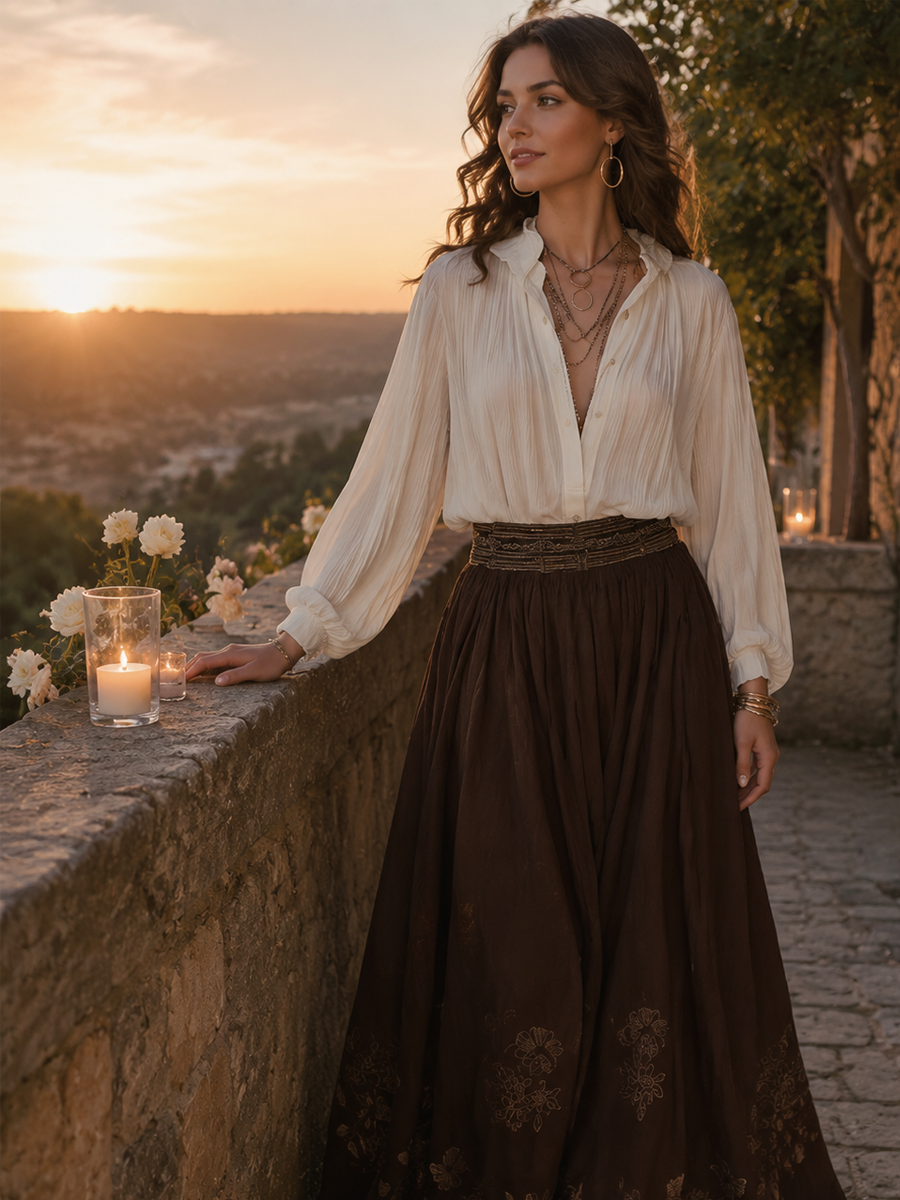 Bohemian Brown Embroidered Long Dress Set