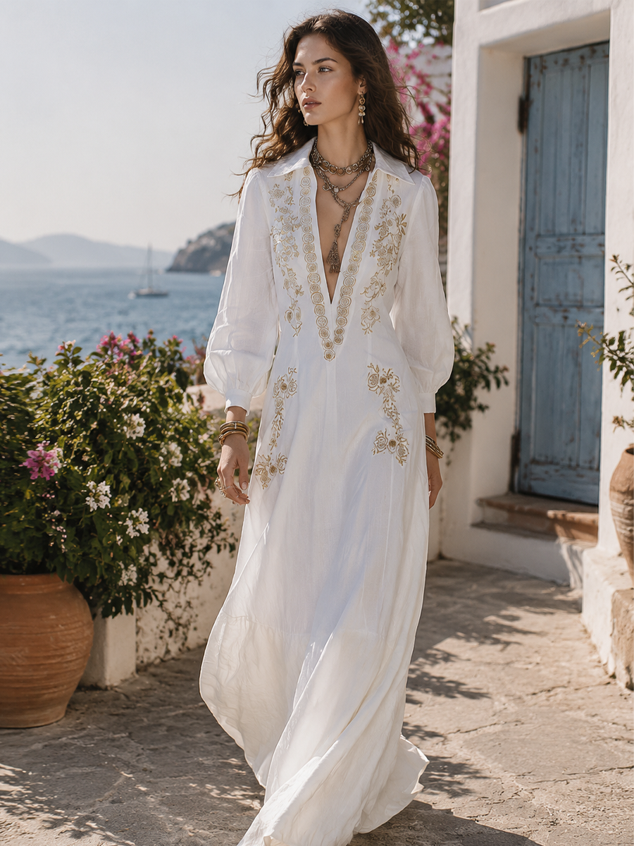 Bohemian White Linen Embroidered Maxi Dress