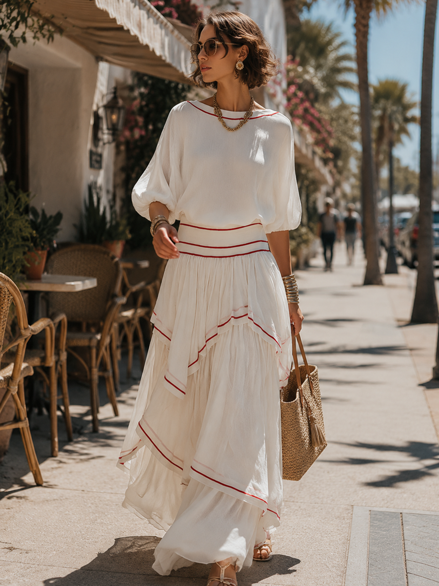 Bohemian Red Trimmed Ruffled Skirt Suit