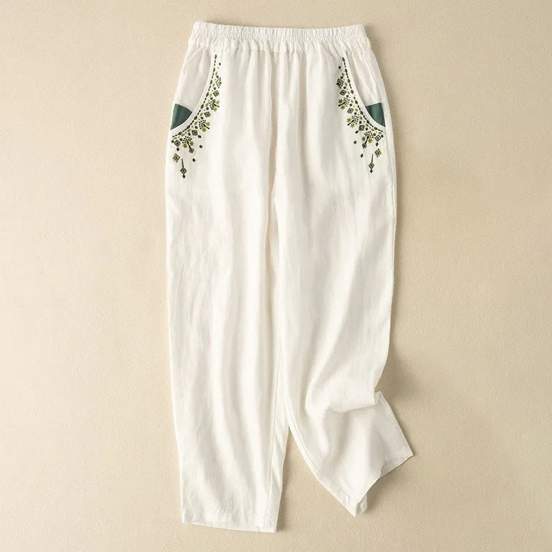 Vintage Embroidery Elastic Waist Capri Harem Pants With Pockets