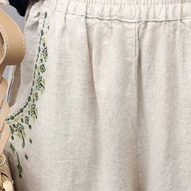 Vintage Embroidery Elastic Waist Capri Harem Pants With Pockets