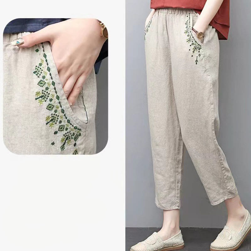 Vintage Embroidery Elastic Waist Capri Harem Pants With Pockets