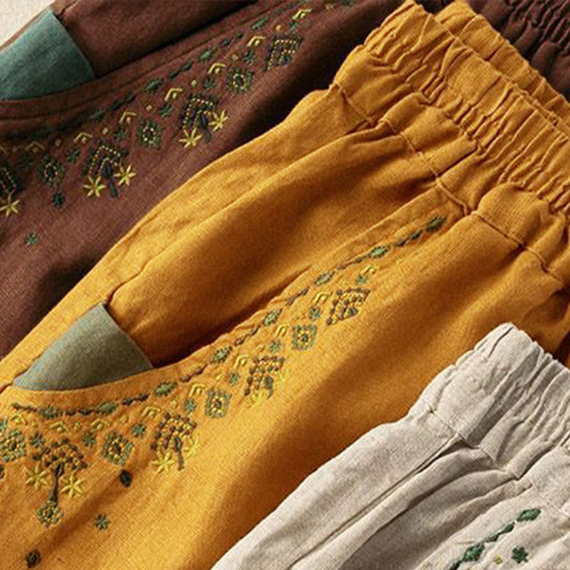 Vintage Embroidery Elastic Waist Capri Harem Pants With Pockets