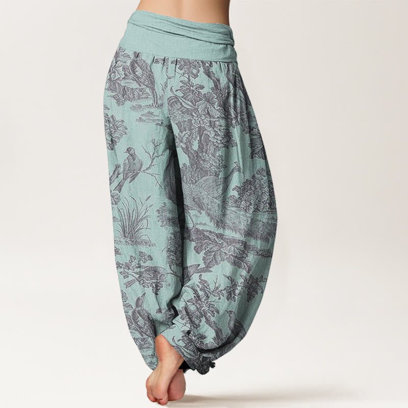 Cotton Birds Trees Branches Pattern Women's Elastic Waist Harem Pants
