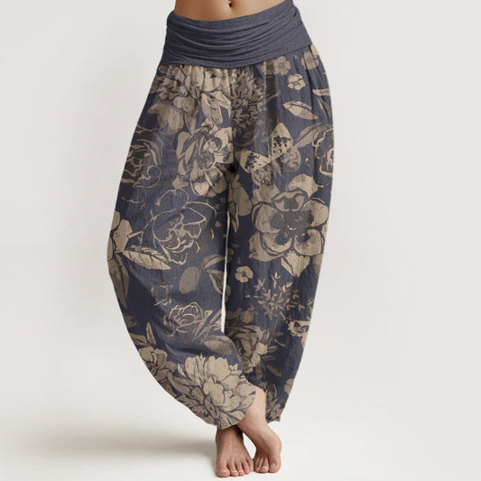 Cotton Casual Peony Flowers Leaves Women's Elastic Waist Harem Pants