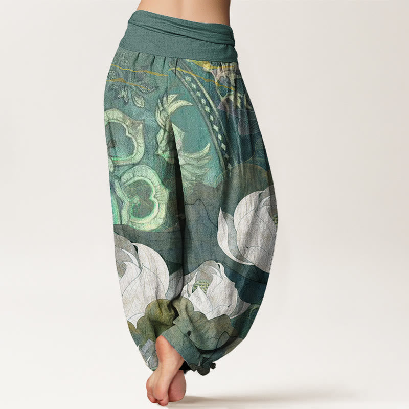 Cotton White Lotus Leaves Pattern Casual Women's Elastic Waist Harem Pants