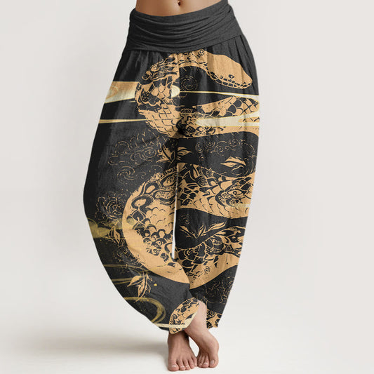 Cotton Auspicious Clouds With Snake Pattern Women's Elastic Waist Harem Pants