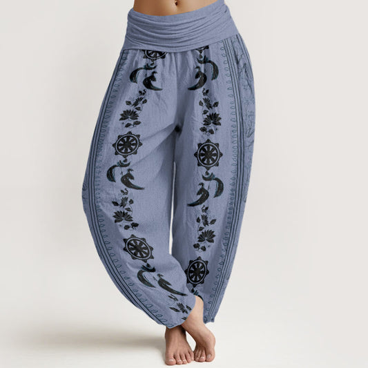 Cotton Dharma Wheel Lotus OM Pattern Women's Elastic Waist Harem Pants