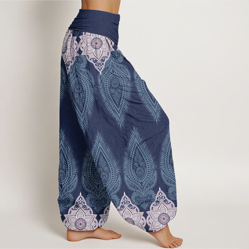 Cotton Casual Feather Flower Design Women's Elastic Waist Harem Pants