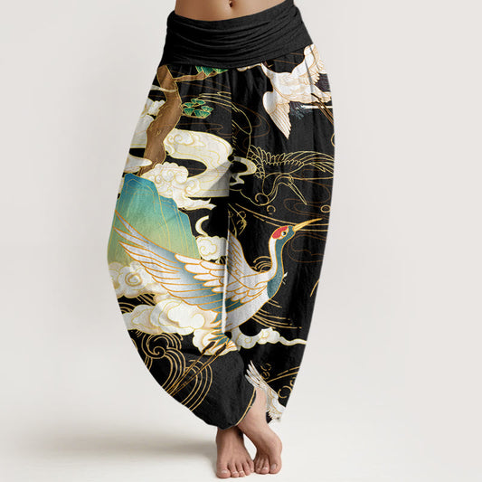 Cotton Flying Cranes Auspicious Clouds Tree women's Elastic Waist Harem Pants