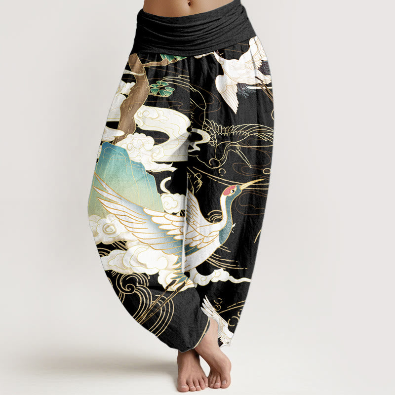 Pure Cotton Flying Cranes Auspicious Clouds Tree women's Elastic Waist Harem Pants