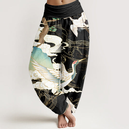 Pure Cotton Flying Cranes Auspicious Clouds Tree women's Elastic Waist Harem Pants
