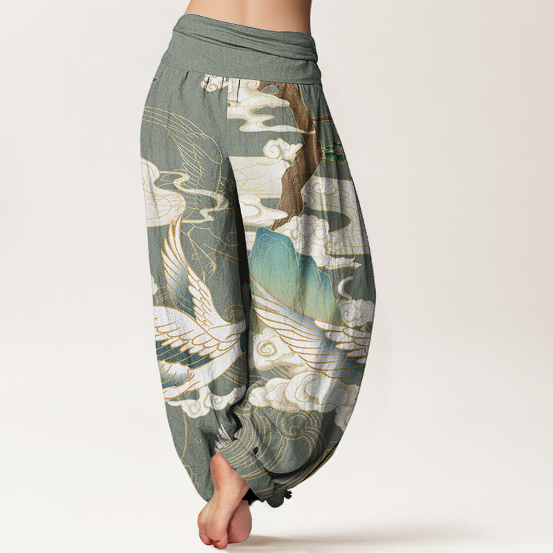 Pure Cotton Flying Cranes Auspicious Clouds Tree women's Elastic Waist Harem Pants