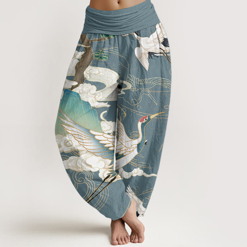 Pure Cotton Flying Cranes Auspicious Clouds Tree women's Elastic Waist Harem Pants