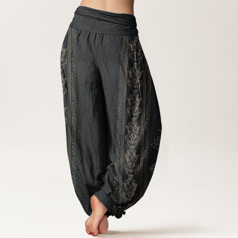 Pure Cotton Lotus Flowers Double Dorje Vajra Namaste Om Design Women's Elastic Waist Harem Pants